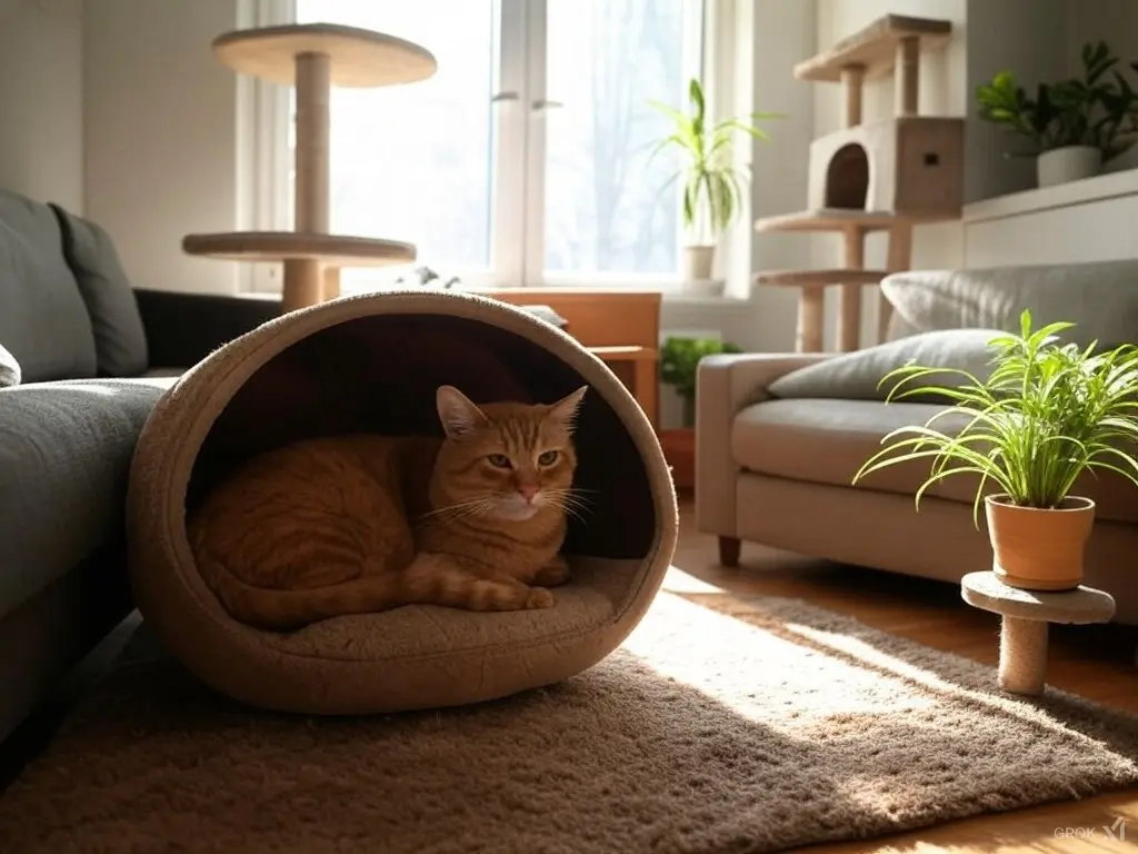 A cat-friendly living room with a cat tree, shelves, and cozy bed.
