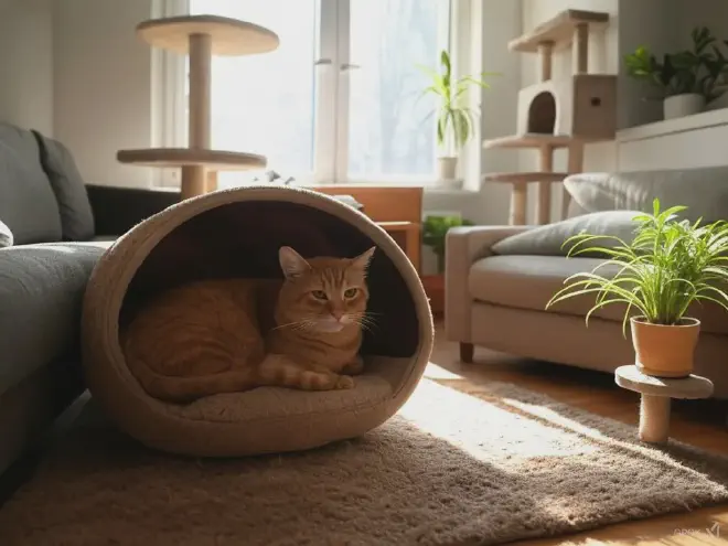 Orange tabby cat in a cozy pet bed in a sunlit, cat-friendly living room.