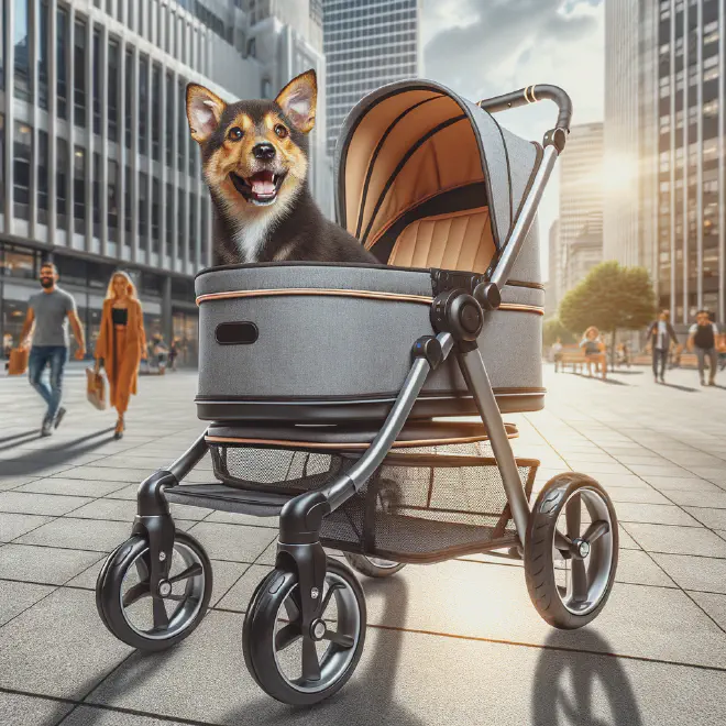 A happy dog in a stroller