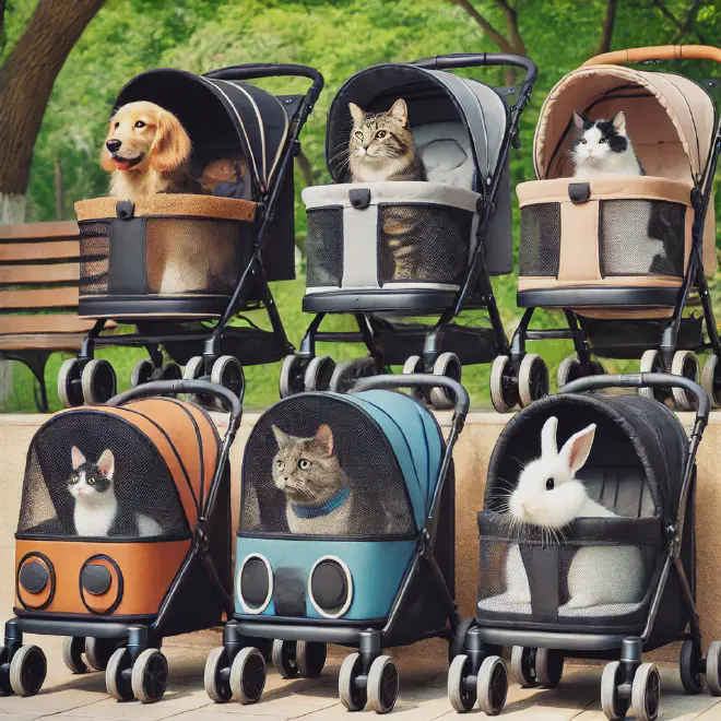 A dog in a stroller