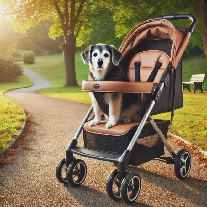 An old dog in a stroller