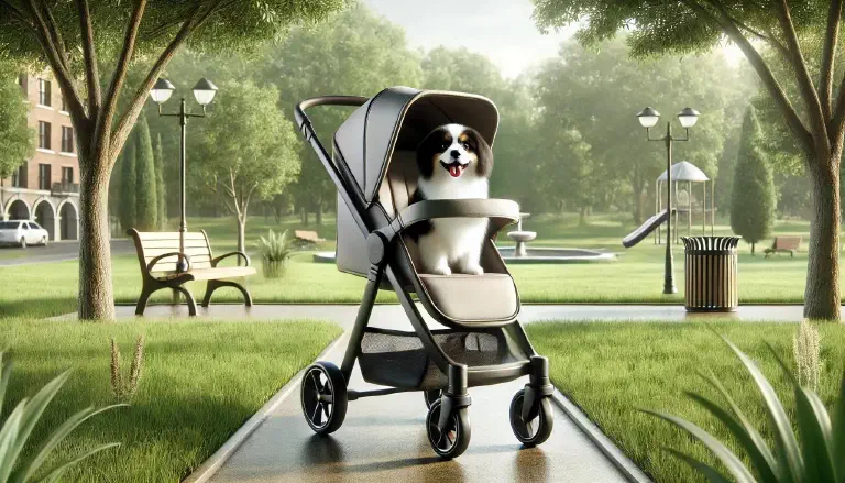 A happy dog in a pet stroller