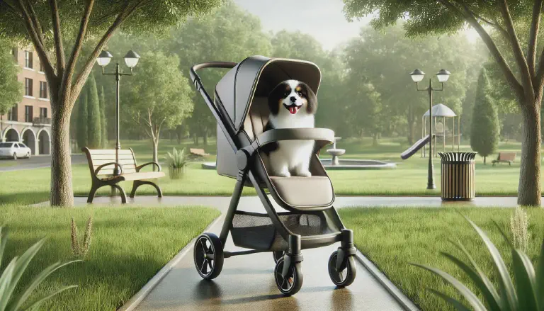 A happy dog in a pet stroller