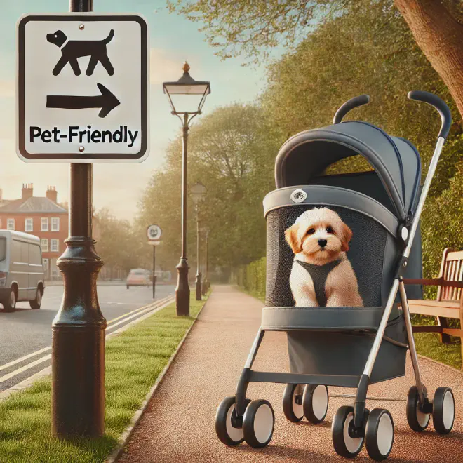 A dog in a stroller