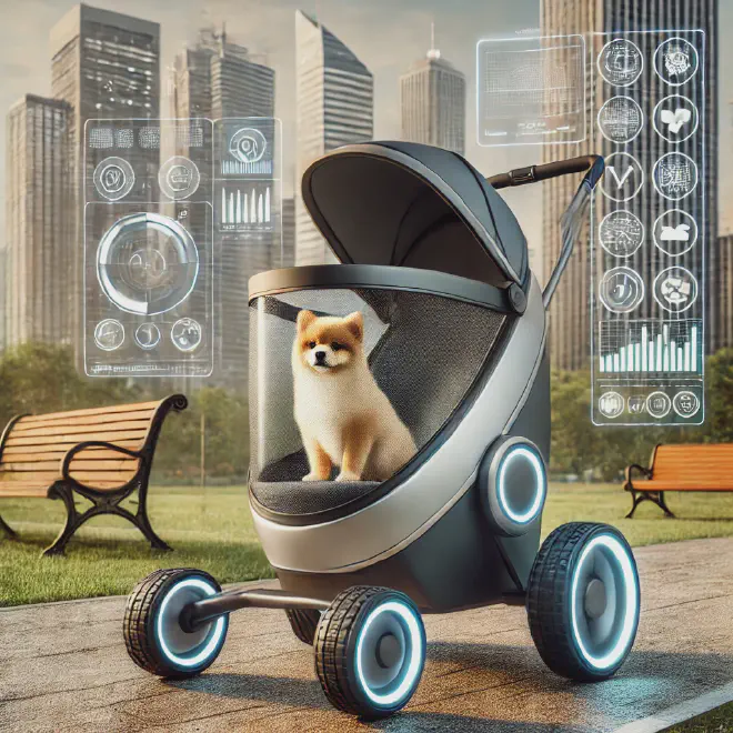 A dog in a stroller